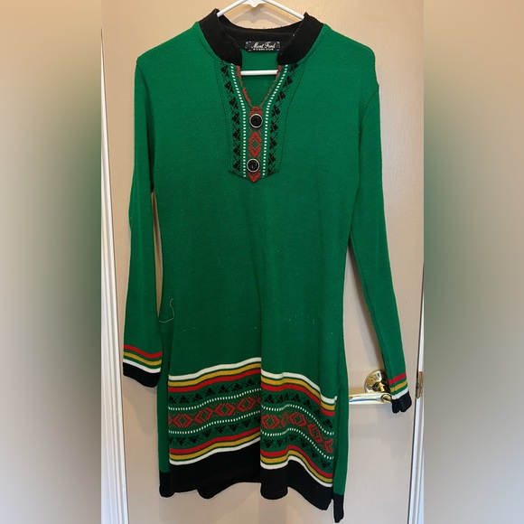 Vintage knitted long sleeve dress green and multicoloured - Picture 2 of 5